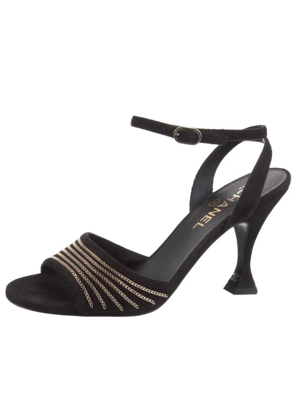 CHANEL Black Suede Ankle-Strap Heel with Gold Chain